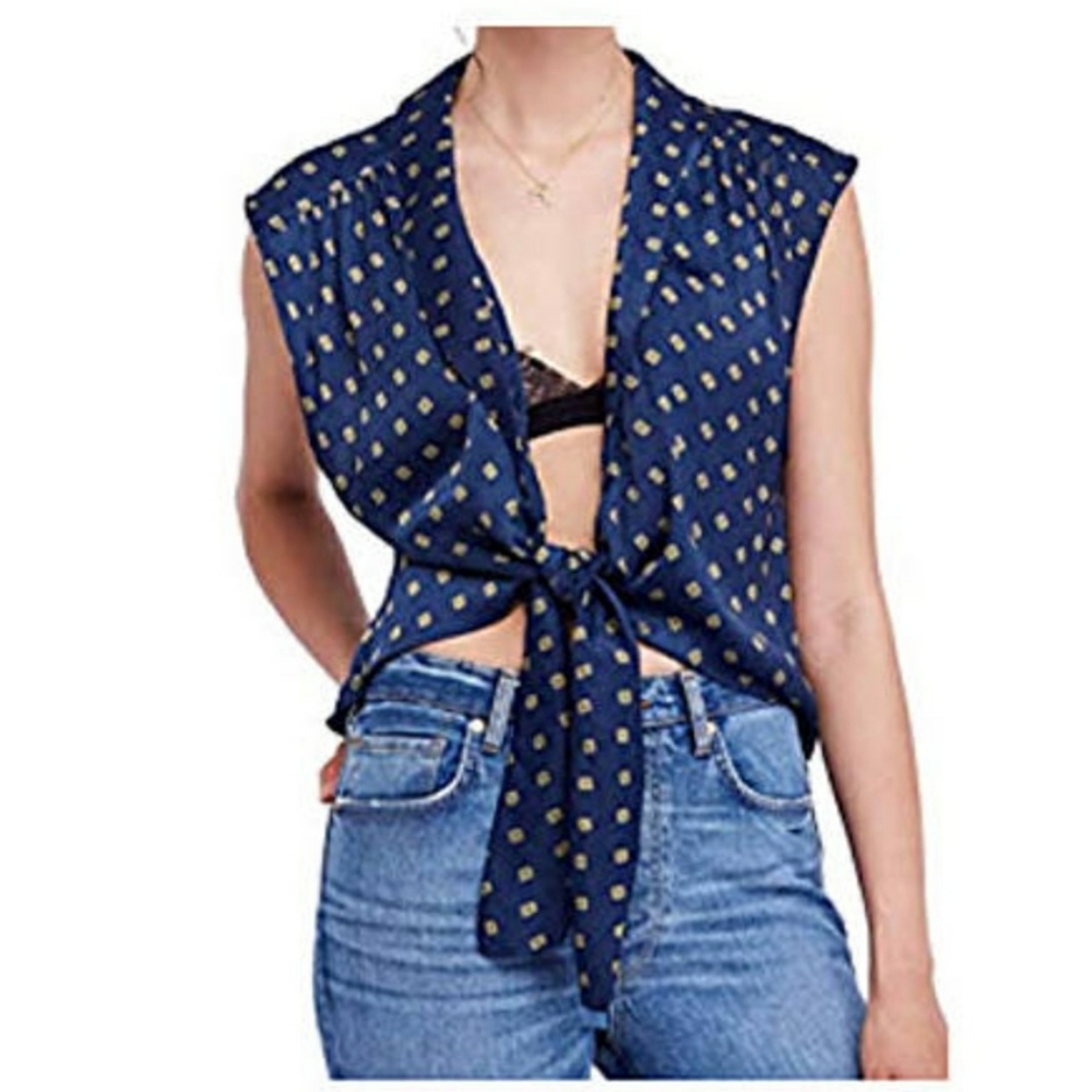 Free People Navy Blue & golden geometric print blouse that ties at waist